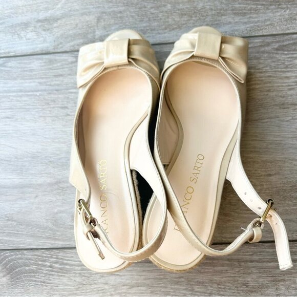 Franco Sarto Beige Vegan Patent Leather Slingback Peep Toe Wedge Esapdrille - Picture 7 of 14